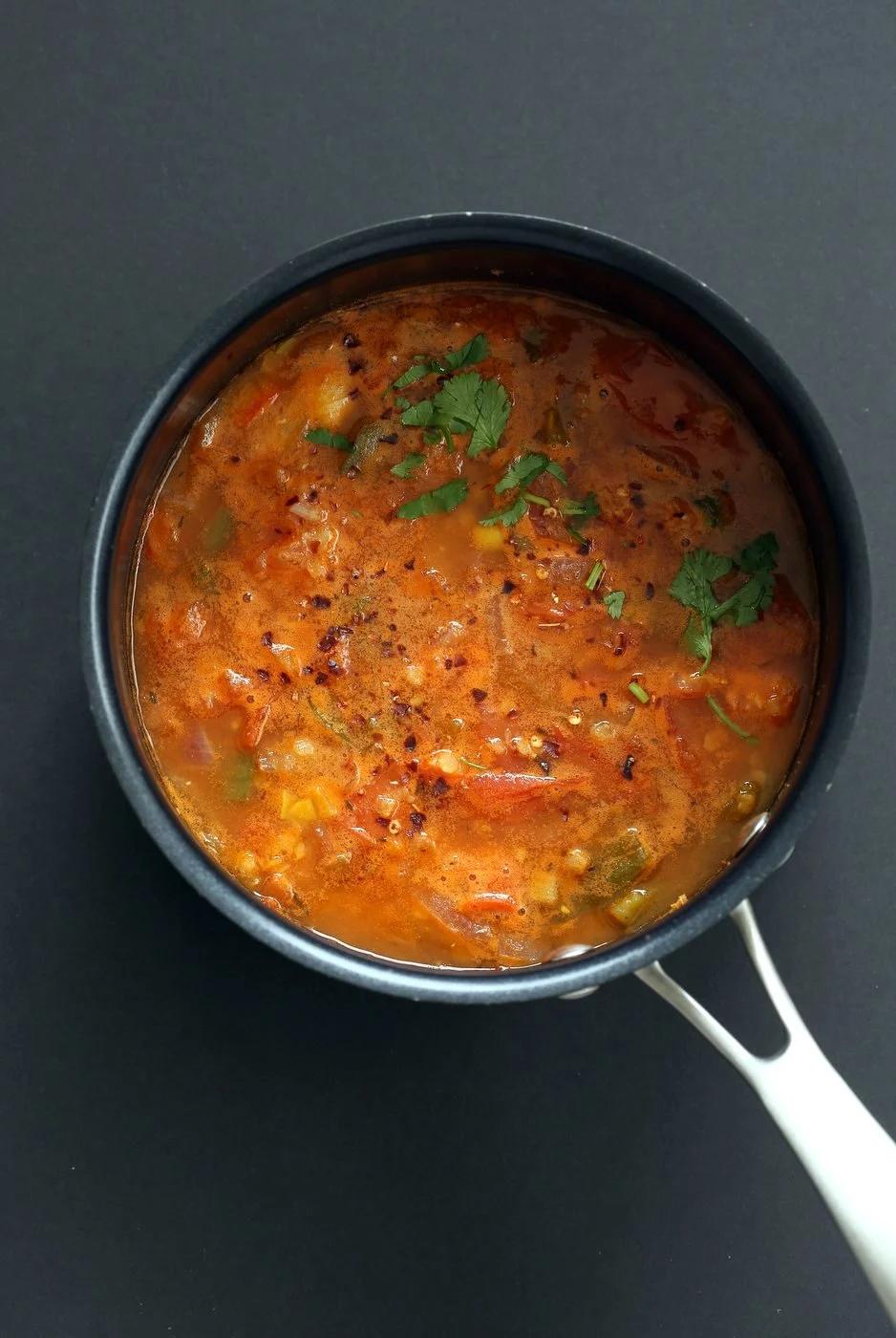 Easy Tortilla Soup with Red lentils. 1 Pot 30 minutes! Add veggies of choice, garnish with tortilla chips or avocado. Vegan Gluten-free Soy-free Nut-free Recipe Vegetarian Tortilla Soup | VeganRicha.com
