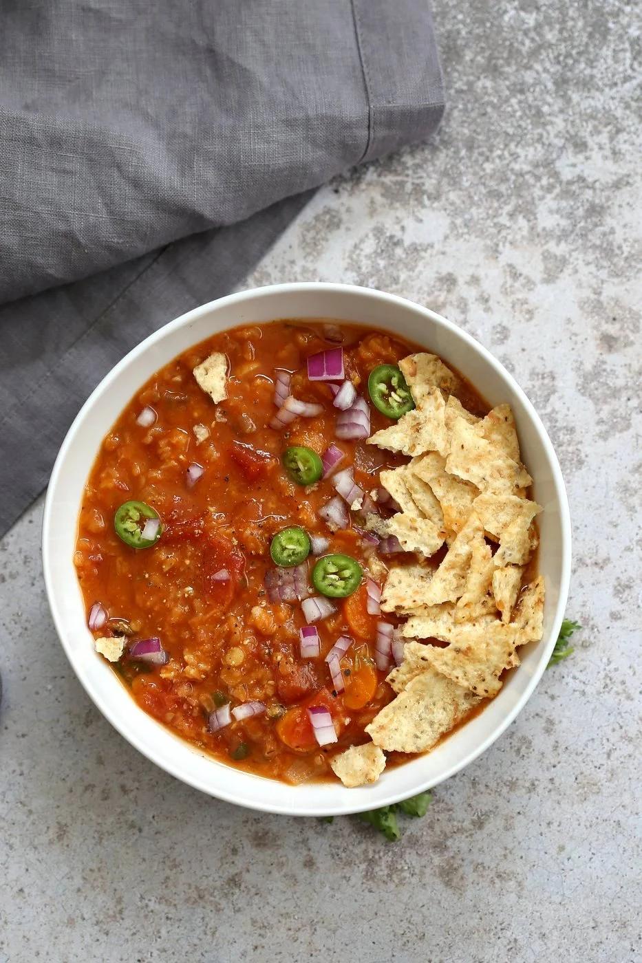 Easy Tortilla Soup with Red lentils. 1 Pot 30 Minutes! Make it in a saucepan or Instant Pot. Add veggies of choice, garnish with tortilla chips or avocado. Vegan Gluten-free Soy-free Nut-free Recipe. | VeganRicha.com