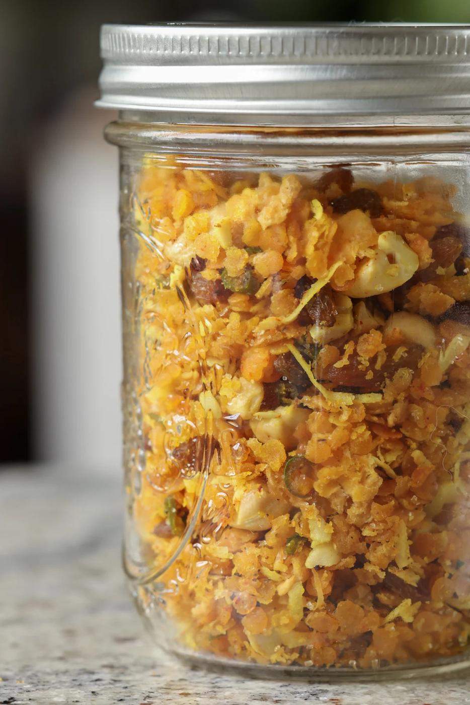 Indian-spiced savory lentil granola in a jar
