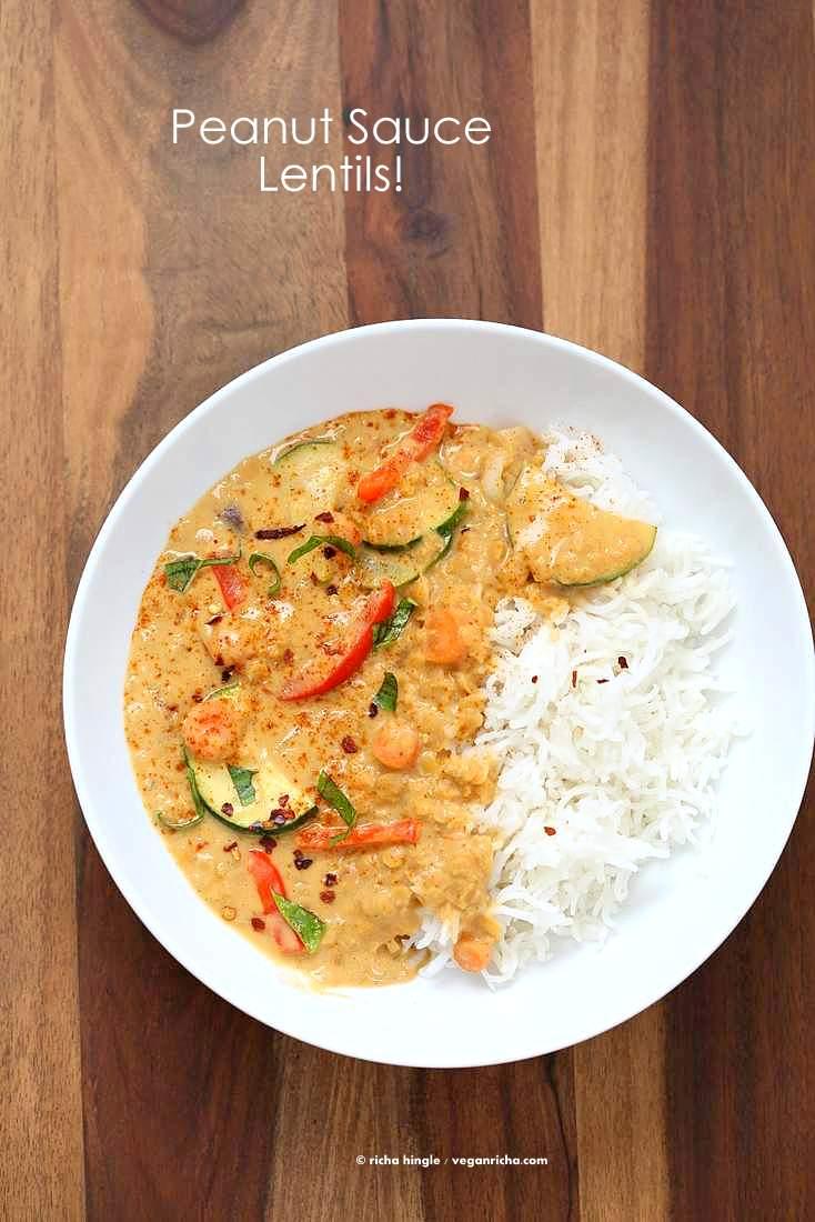 Veggies and Lentils in Peanut Sauce | Pitzn #vegan #glutenfree #plantprotein #lentils Easy weeknight meal. Yes, add lentils to Thai Peanut Butter Sauce! Use other nut butters for variation