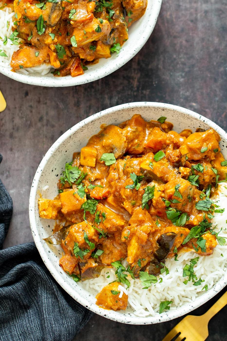 plate with rice and Indian Tofu Casserole
