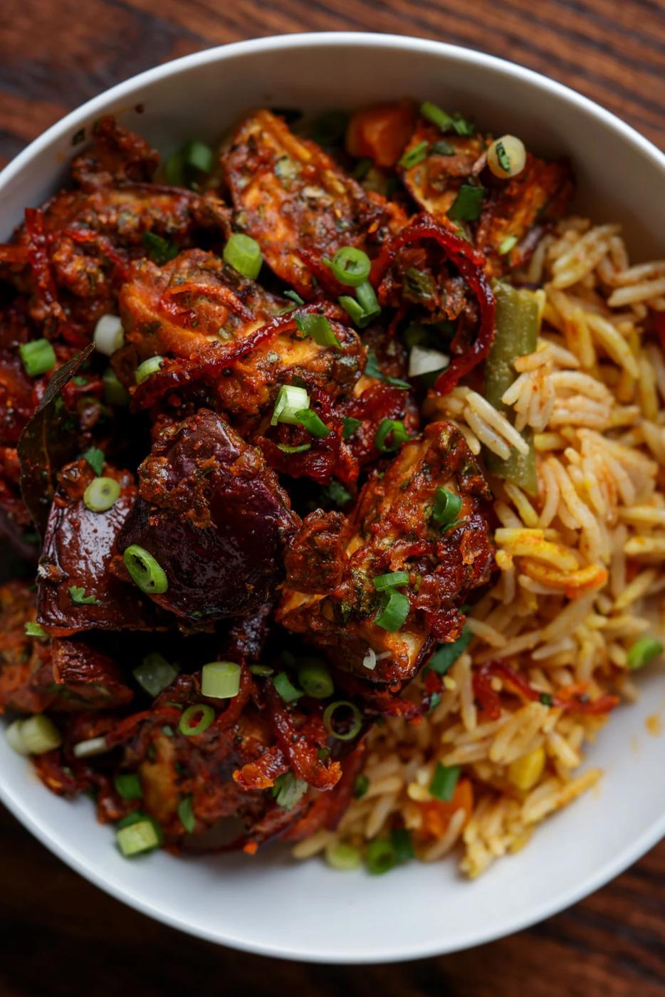 bowl of malabar eggplant with rice