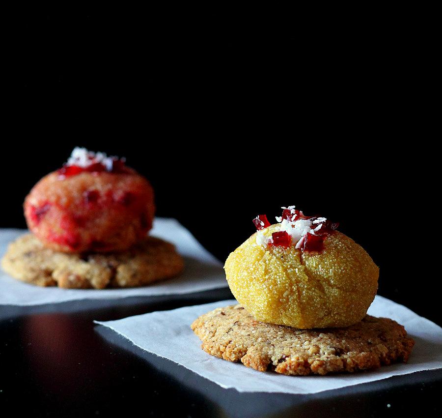 Mango and Beet Halwa bites with Candied Beet Coconut Rice thins. vegan glutenfree option