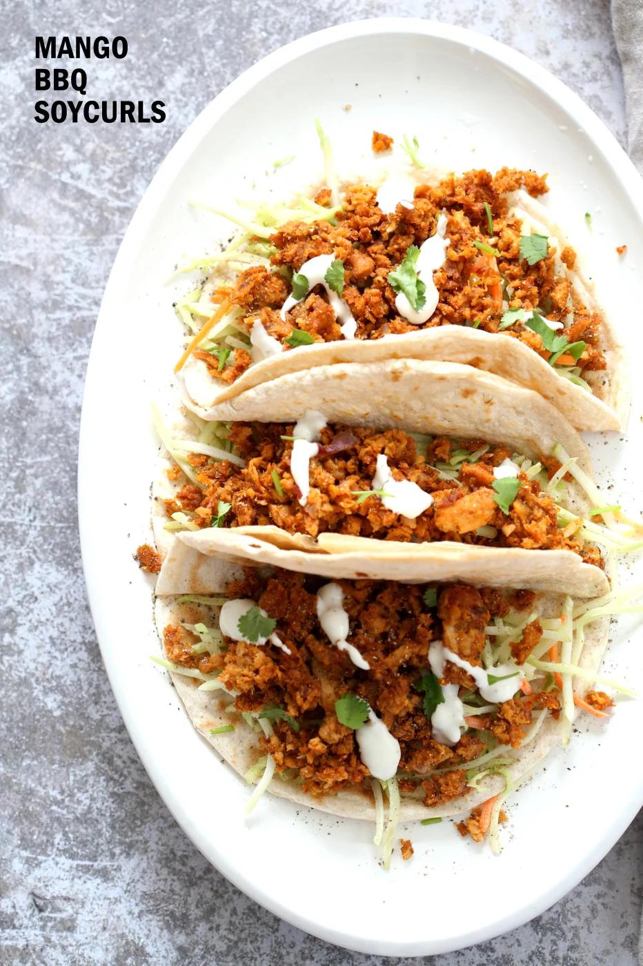 Mango BBQ Soy Curls or Jackfruit Tacos