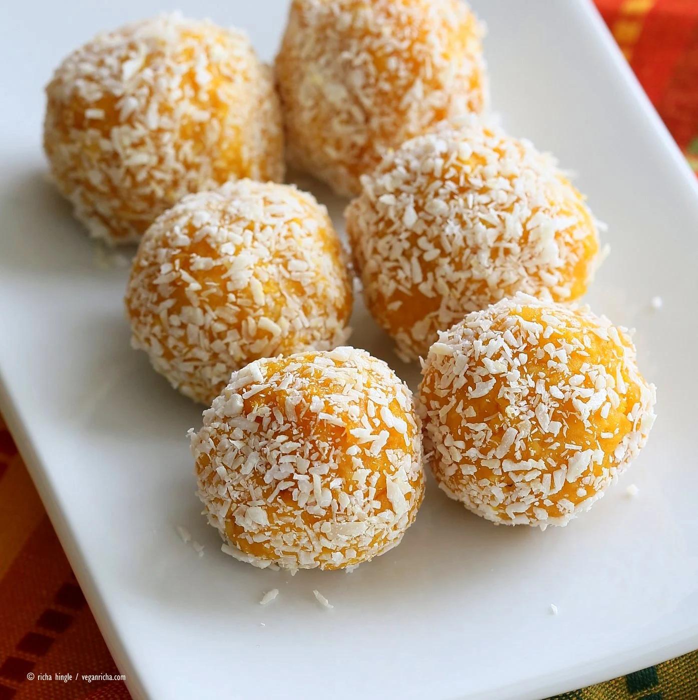 Mango Coconut Ladoo. Fudgy balls made with Mango Puree, Coconut and almond meal. Vegan gluten-free recipe. | VeganRicha.com