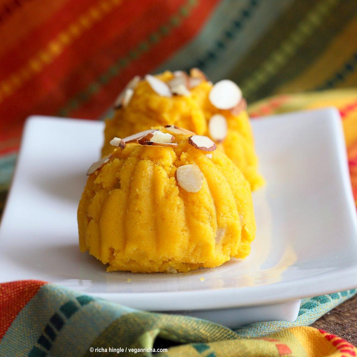 Mango Sheera Recipe. Mango Kesari or Halwa. Semolina Mango Pudding . Vegan Indian Dessert Recipe. | VeganRicha.com can be made gluten-free and oil-free