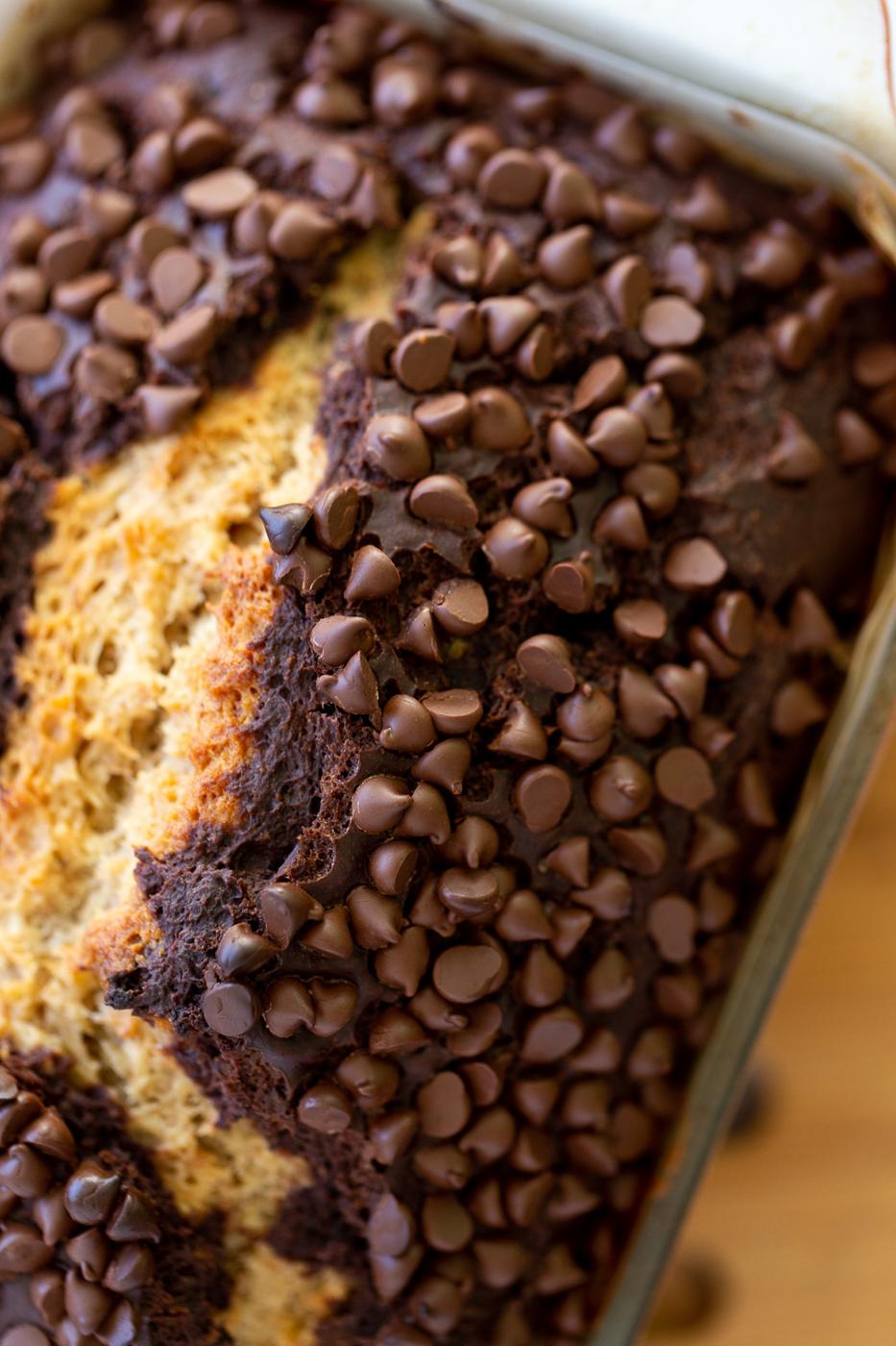 close-up overhead shot of a loaf of vegan chocolate banana bread