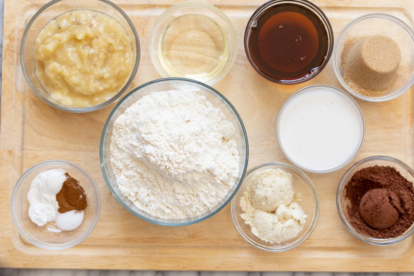 overhead shot of ingredients used for making vegan chocolate banana bread
