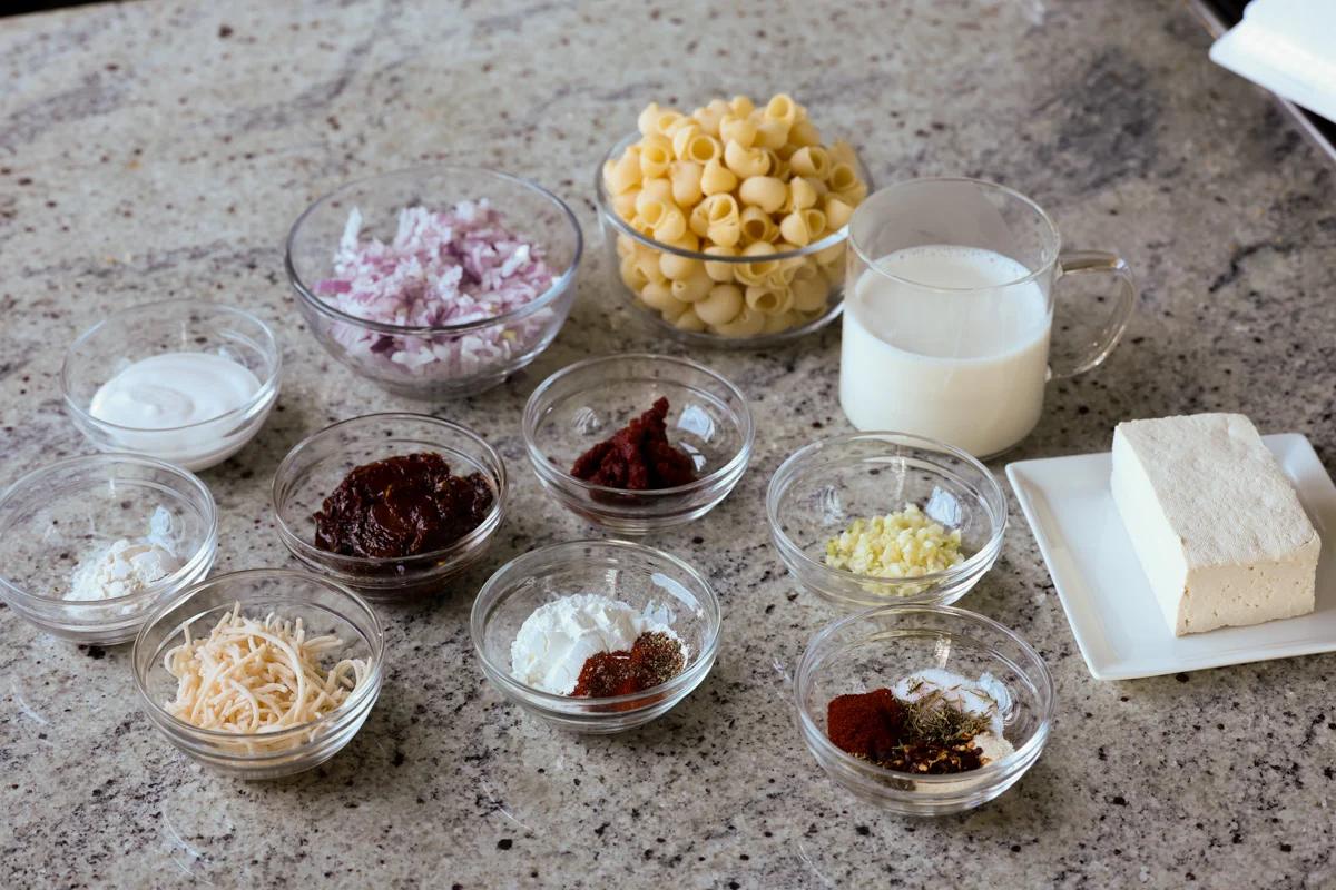 marry me pasta ingredients in bowls on the kitchen counter