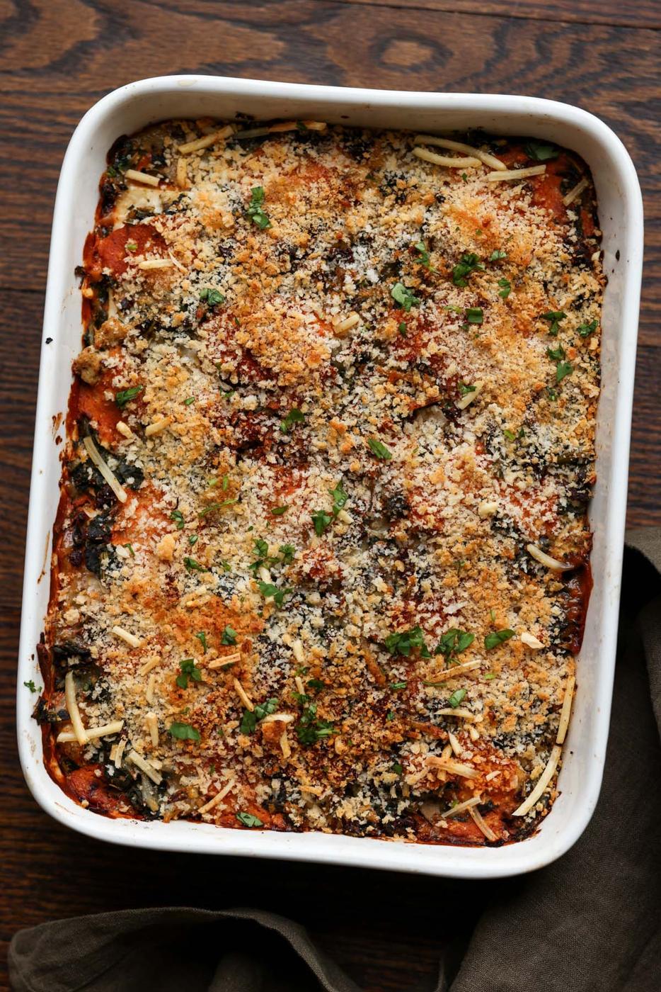 marry me tofu casserole in the pan after baking