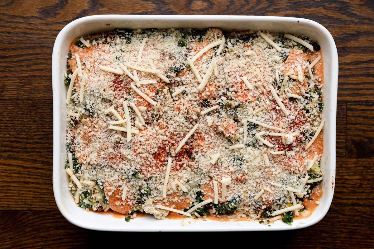 marry me tofu casserole in the pan before baking