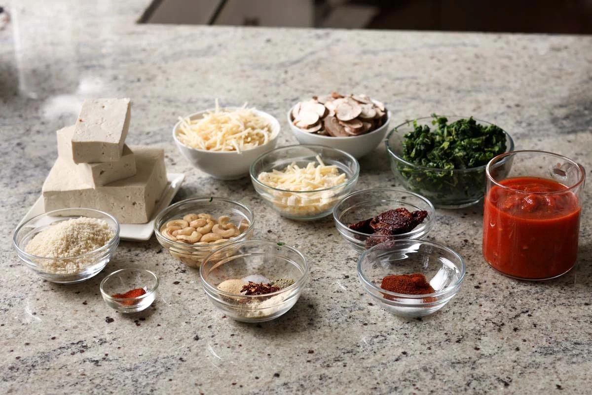 marry me tofu ingredients in bowls on the kitchen counter