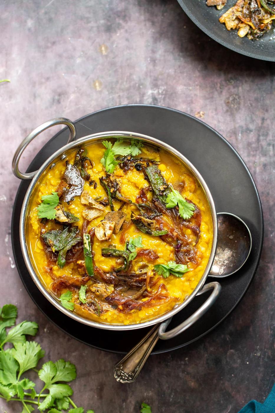 Restaurant-Style Masoor Dal Tadka in an Indian serving dish
