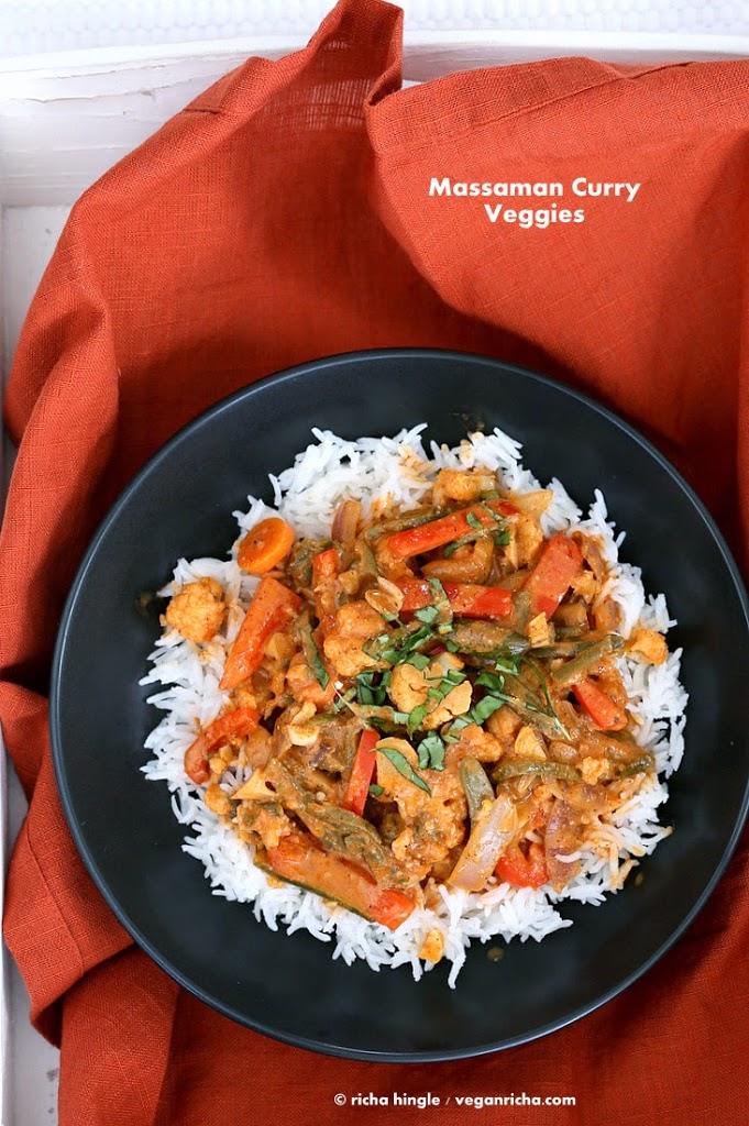 Massaman Curry Vegetables with from scratch Massaman curry sauce that has peanut butter, coconut milk, Thai Malay Spices and amazing flavor. Make this 30 minute vegan massaman curry. Vegan Gluten-free Soy-free Recipe