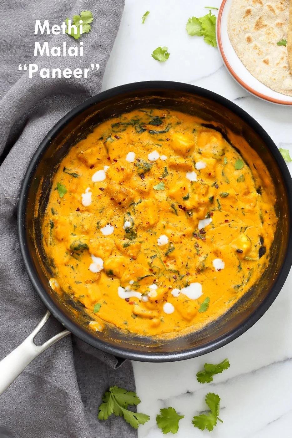 Vegan Methi Malai Paneer Tofu – Tofu and Fenugreek/Greens in Creamy Sauce