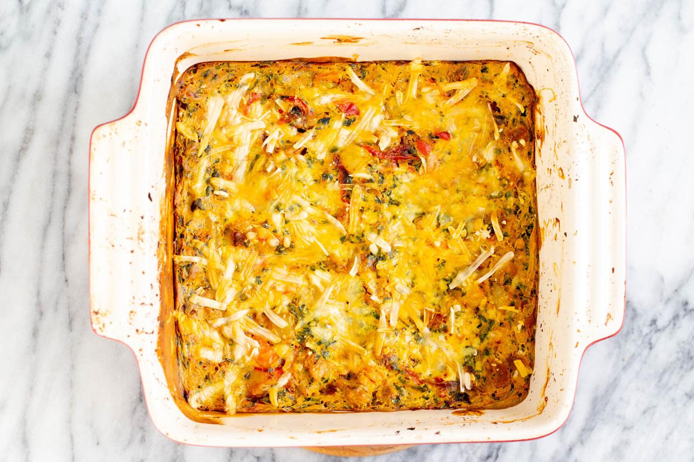 overhead shot of freshly baked vegan Mexican egg casserole
