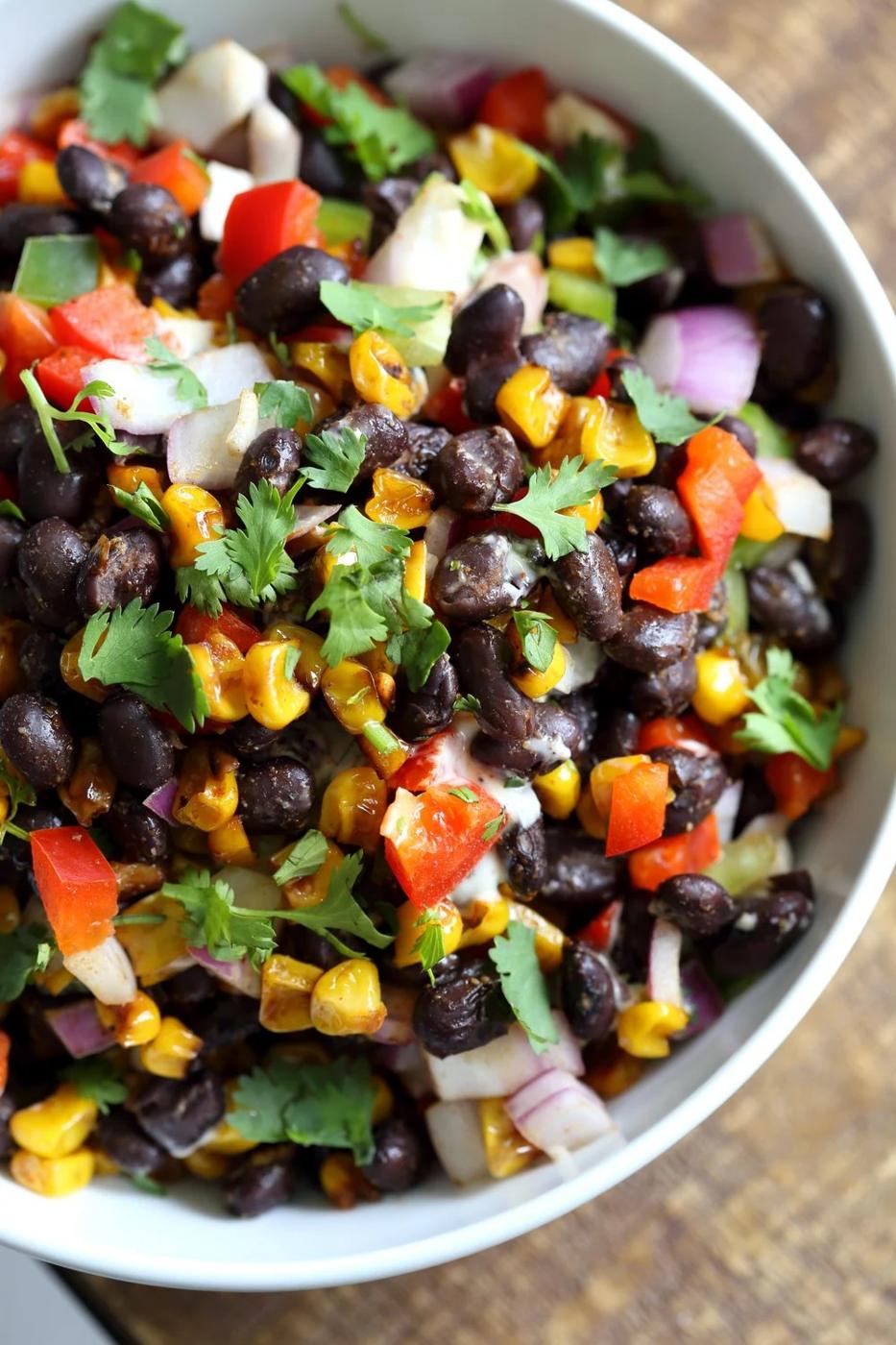 Mexican Street Corn Salad with Black Beans and Chipotle Mayo. Elote Bean Salad. Serve with Tortilla Chips. #Vegan #Glutenfree #Nutfree #soyfree #Recipe #veganricha | VeganRicha.com