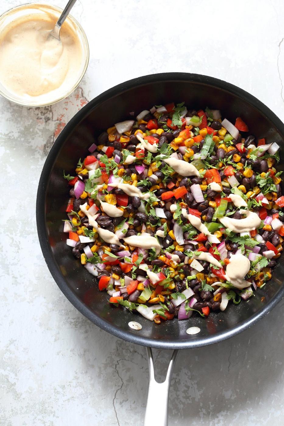 Mexican Street Corn Salad with Black Beans and Chipotle Mayo. Elote Bean Salad. Serve with Tortilla Chips. #Vegan #Glutenfree #Nutfree #soyfree #Recipe #veganricha | VeganRicha.com