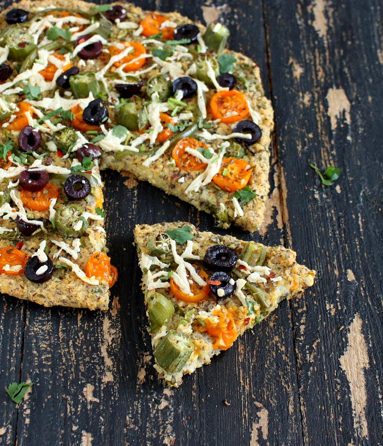 Millet Kale Chickpea Quiche Pizza topped with Okra, golden cherry tomatoes, bell peppers. glutenfree vegan recipe