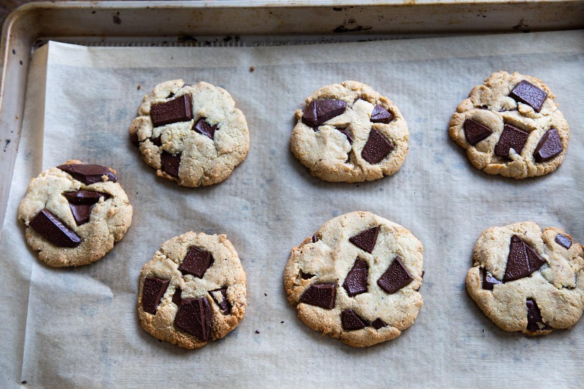 glutenfree almond flour miso chocolate chunk cookies on a baking sheet