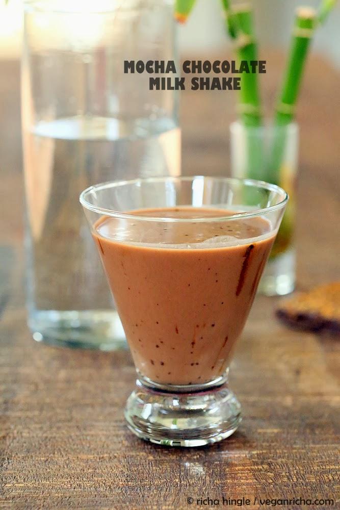side view of a glass of thick and creamy Vegan Mocha Milkshake