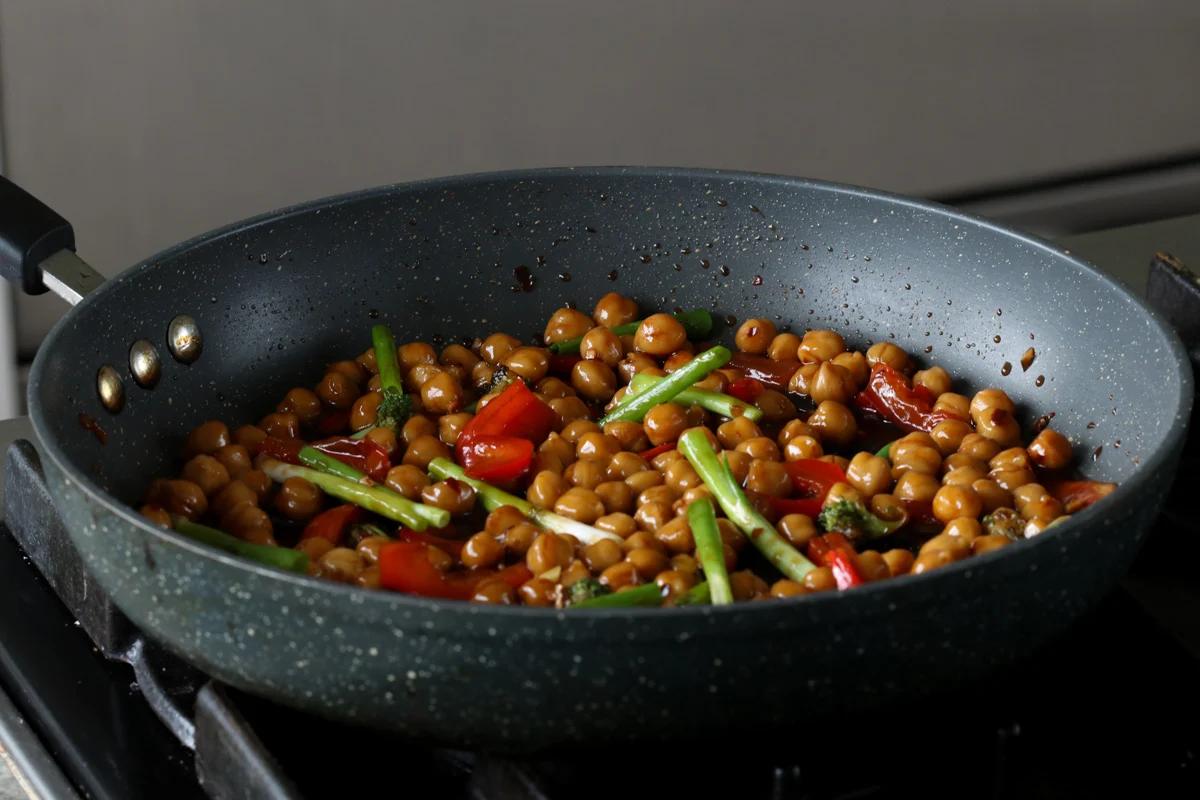 chickpeas and veggies after cooking the sauce down and adding the green onions
