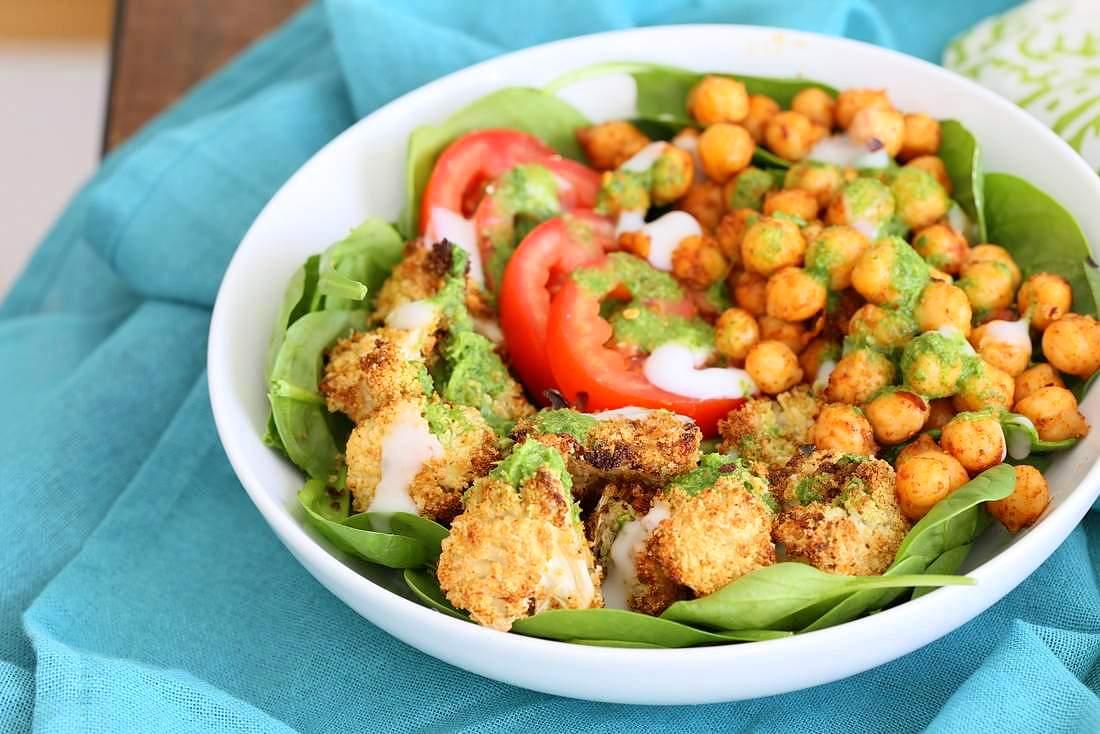 Moroccan Chickpea Cauliflower Bowl with Herb sauce | Pitzn