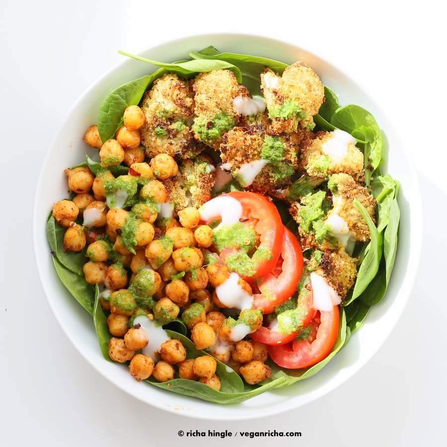 Moroccan Chickpea Cauliflower Bowl with Herb sauce | Pitzn
