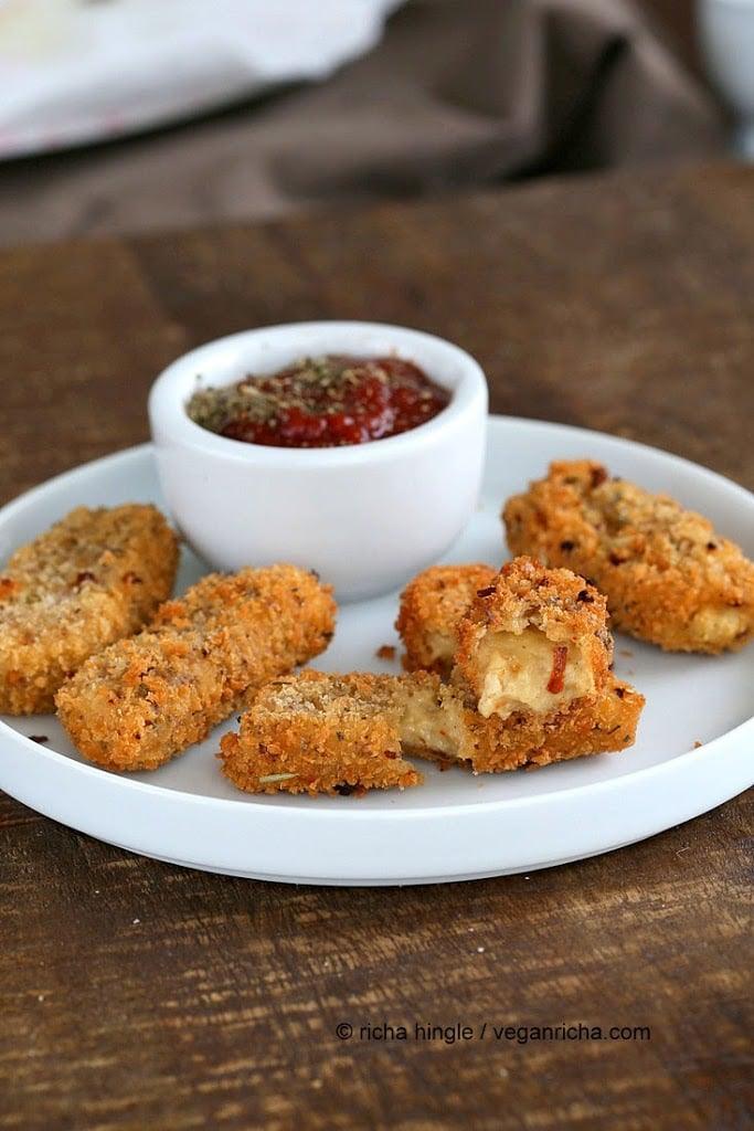 vegan mozzarella sticks on a plate