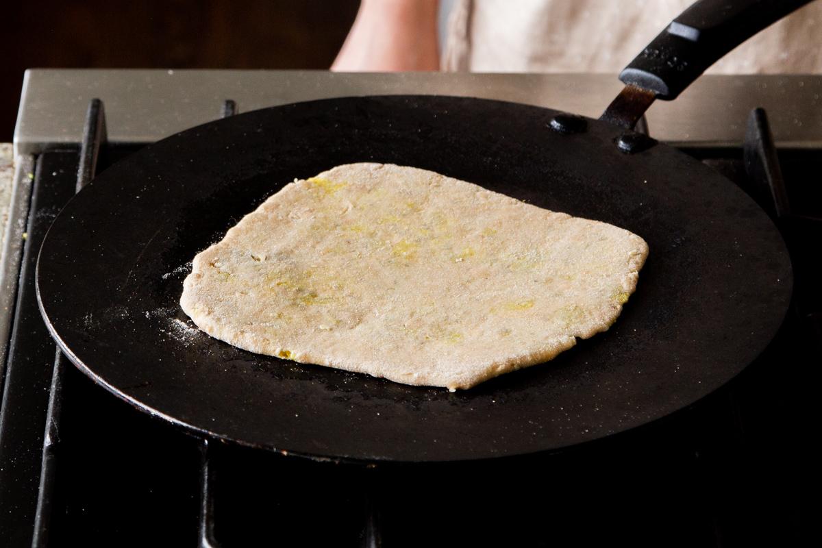 aloo paratha on a skillet