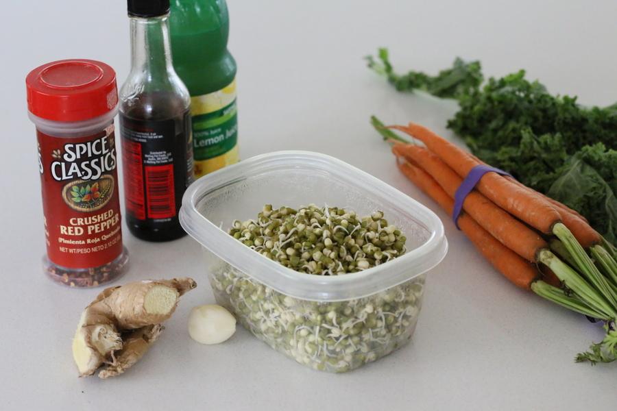 ingredients for vegan kale salad recipe with mung bean sprouts and carrots