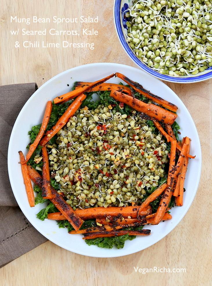 overhead shot mung bean, seared carrot and kale salad with a bowl of sprouted beans on the side