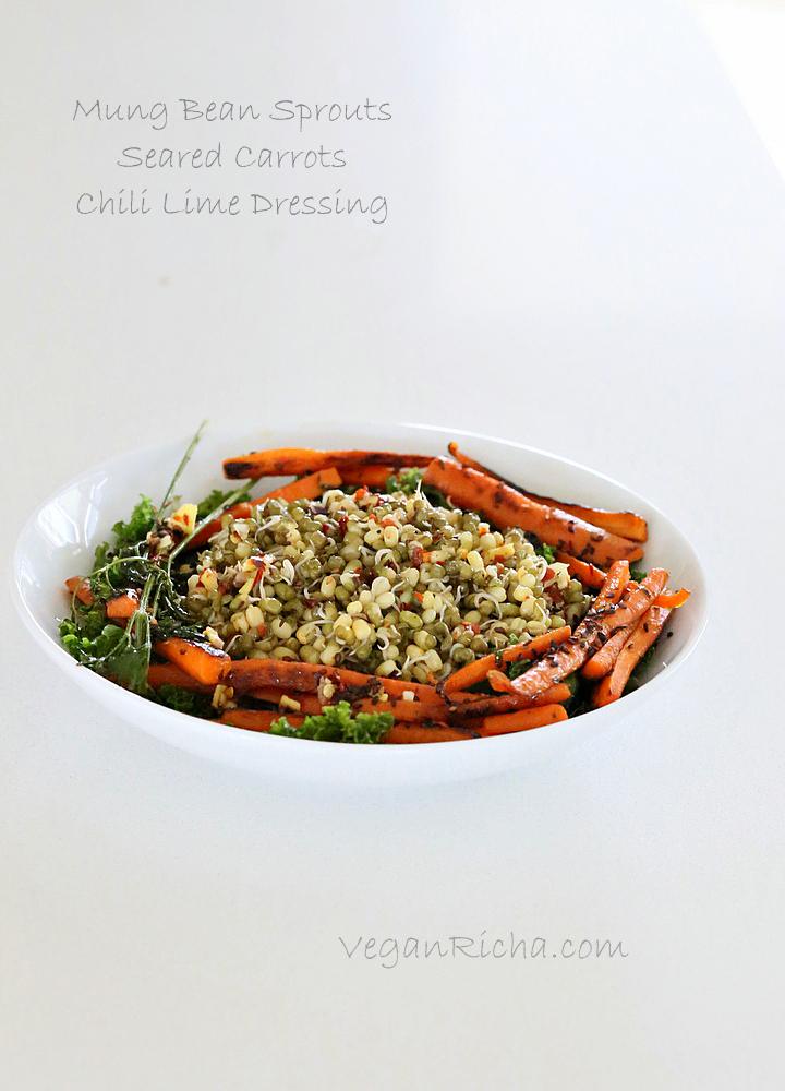 Mung Bean Sprouts, Seared Carrots, Kale Salad Recipe with Chili Lime Sesame Dressing
