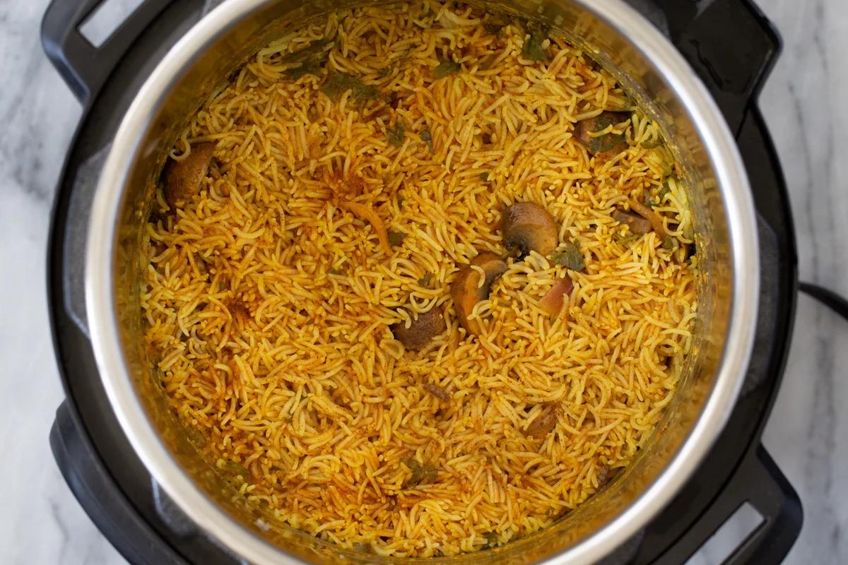 cooked rice and mushrooms in an Instant Pot