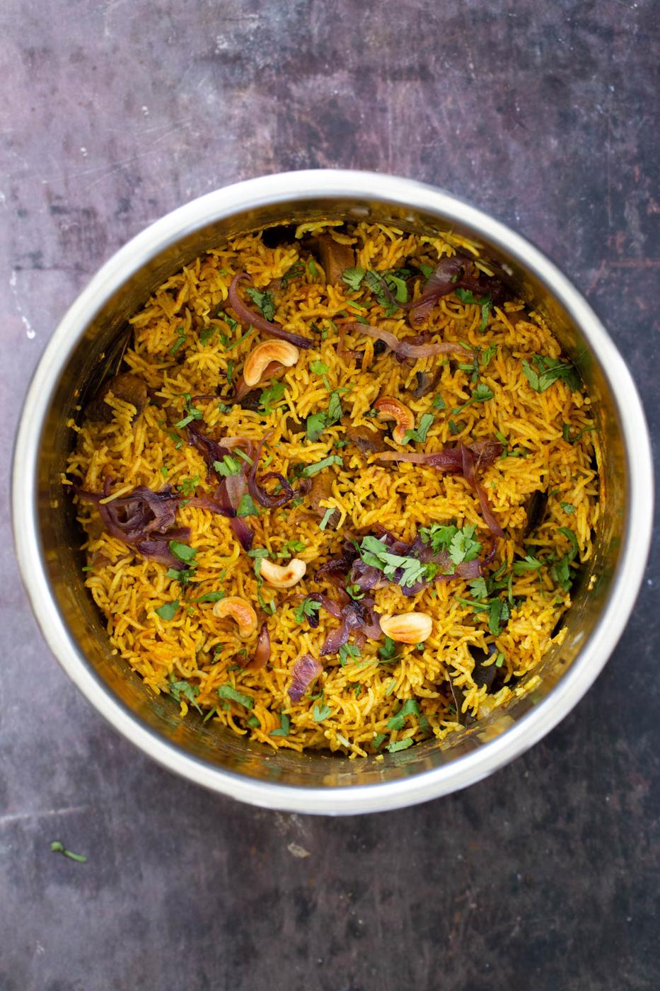 vegan mushroom biryani in an Instant Pot