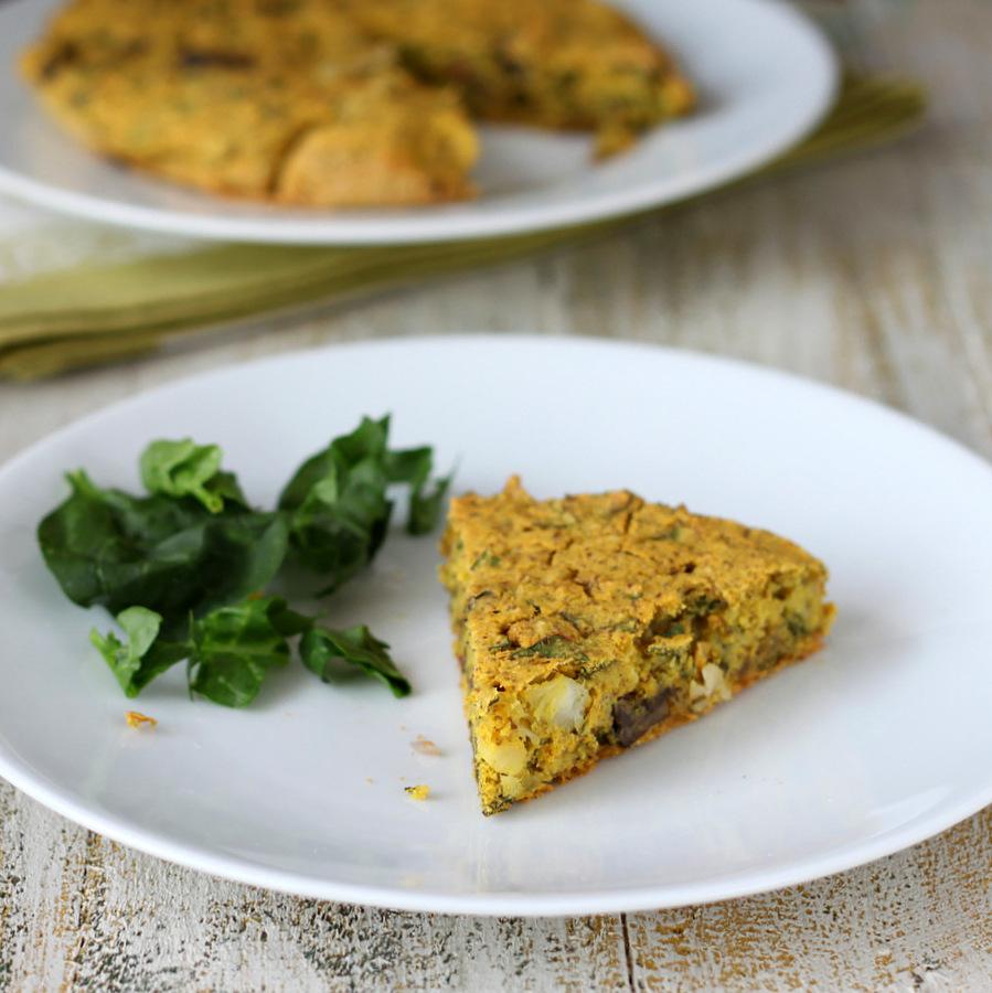 Vegan Soy free Frittata with Mushroom Chard Shallots and Almond Feta. Chickpea flour frittata. Dairy-free Savory breakfast recipe. No Tofu. | VeganRicha.com #vegan #glutenfree #breakfast