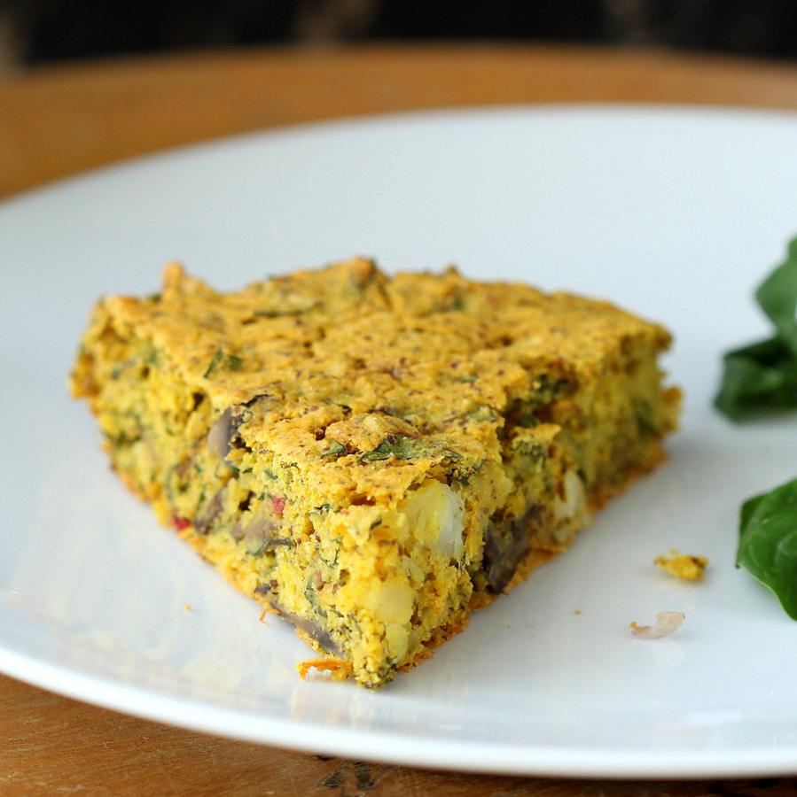 Vegan Soy free Frittata with Mushroom Chard Shallots and Almond Feta. Chickpea flour frittata. Dairy-free Savory breakfast recipe. No Tofu. | VeganRicha.com #vegan #glutenfree #breakfast