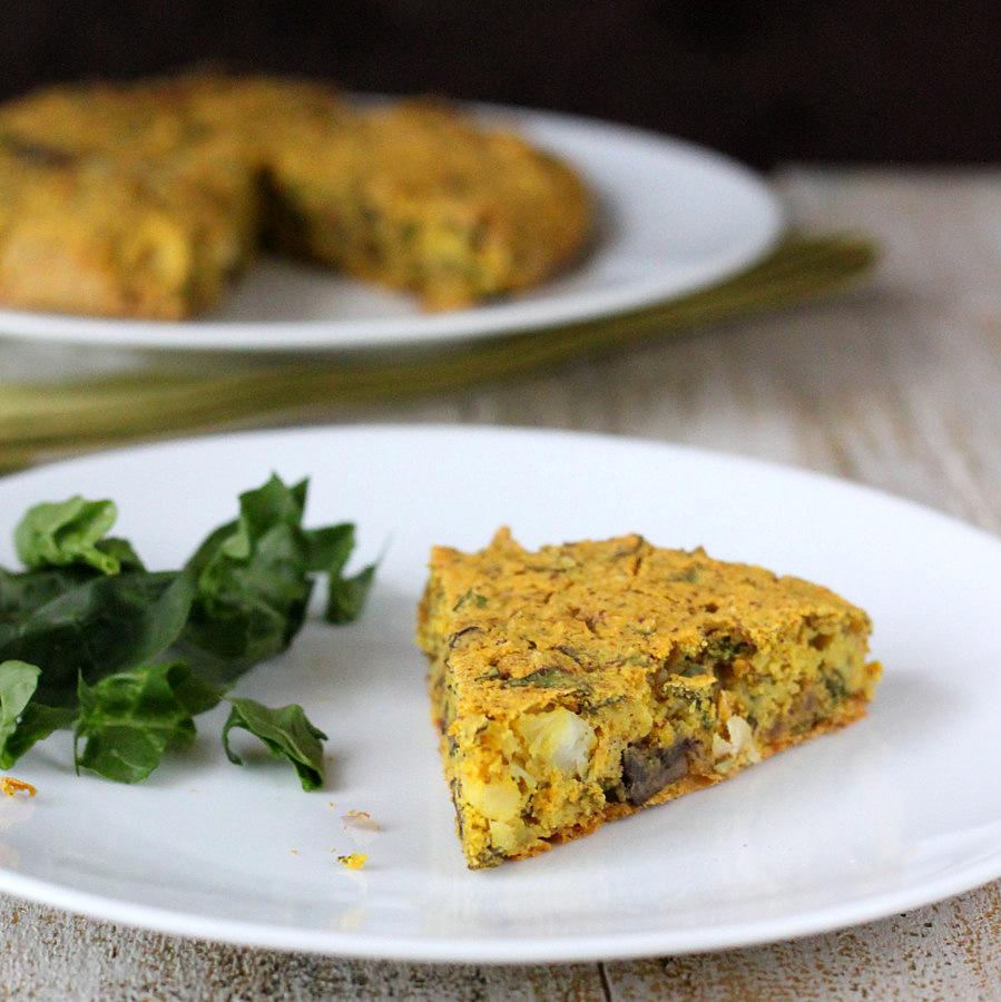 Vegan Soy free Frittata with Mushroom Chard Shallot Almond-Feta. Chickpea flour Frittata