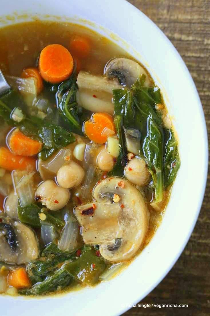 Mushroom Chickpea Soup with Veggies, greens. Winter Brothy soup with spices | VeganRicha.com #vegan #soup #glutenfree