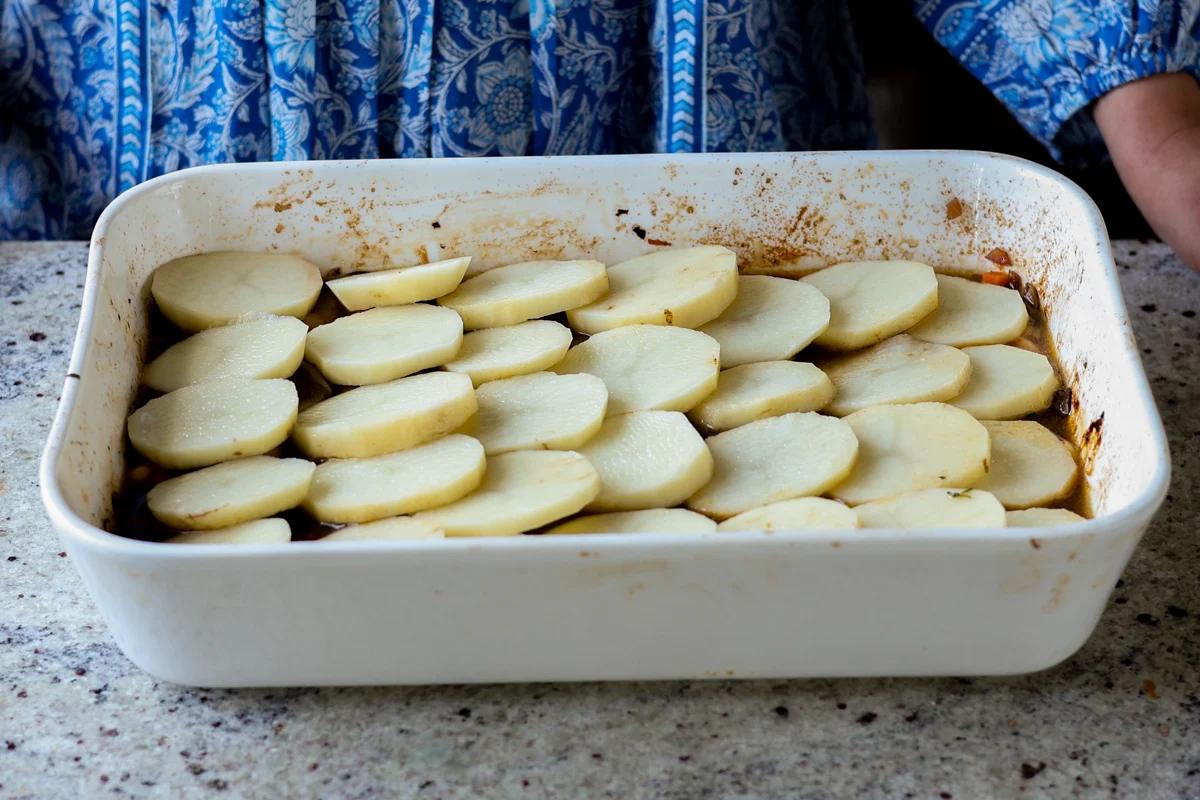 potatoes layered on top of the casserole