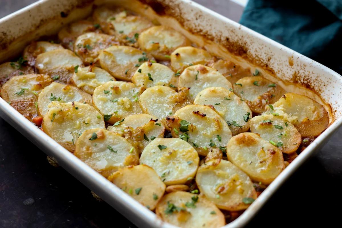 mushroom potato casserole in the pan after baking