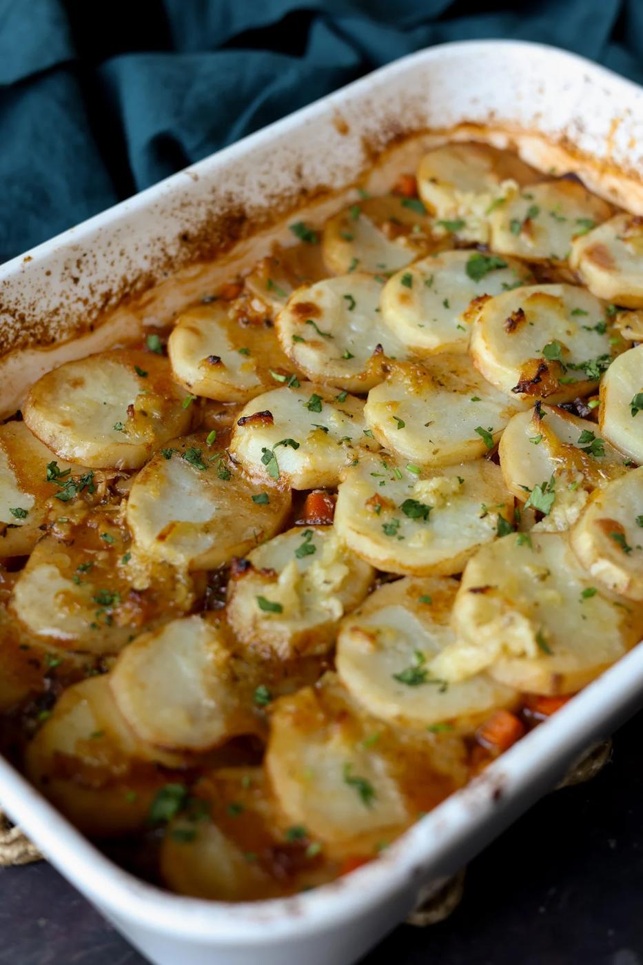 mushroom potato casserole in the pan after baking