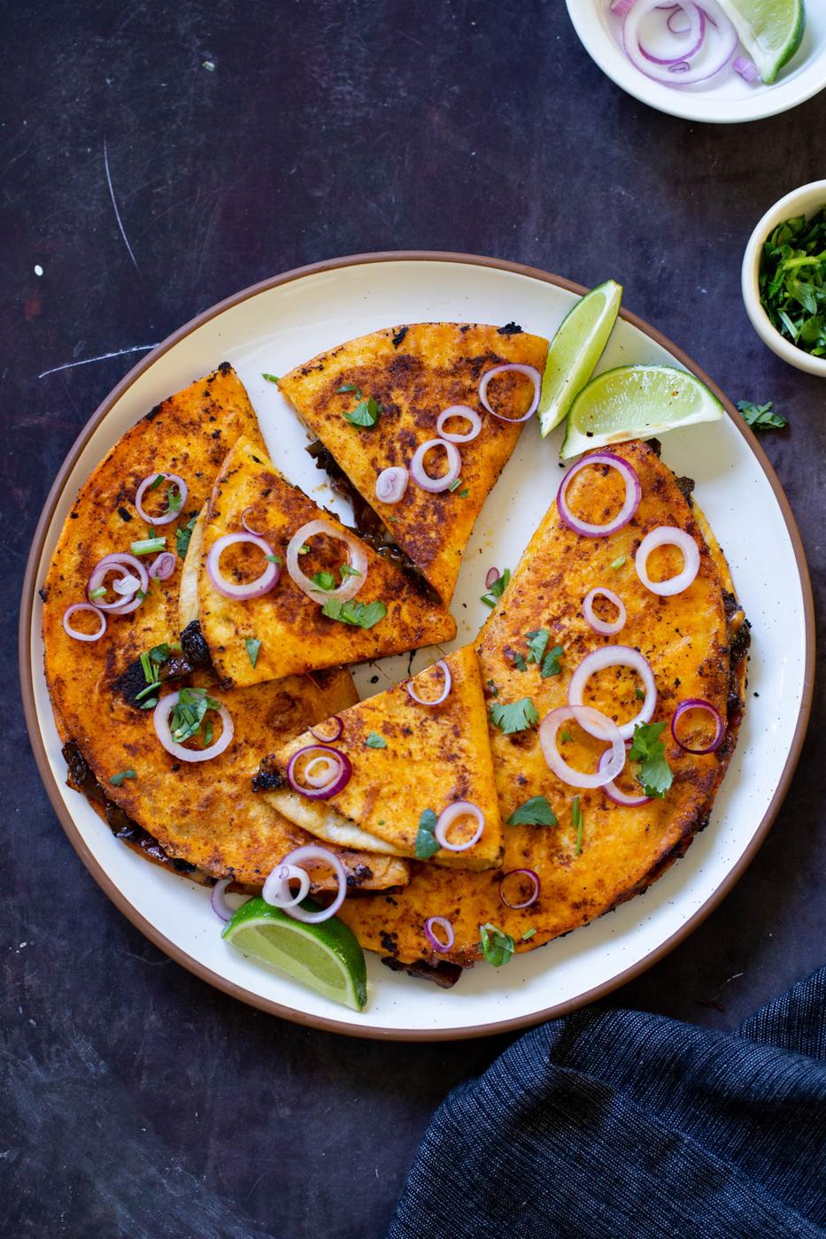 Quesatacos with Cajun Gochujang Mushrooms (nut-free with gf and sf options)