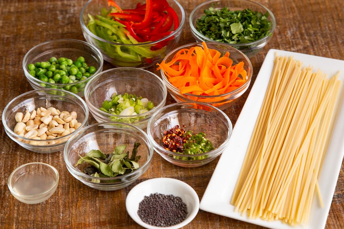 ingredients needed for making vegan pasta salad with mustard chili oil