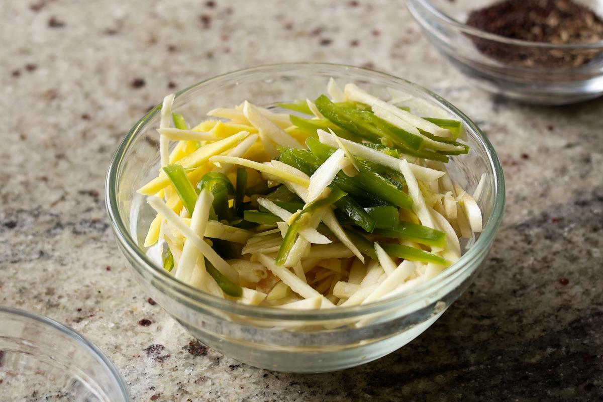 julienned aromatics in a bowl
