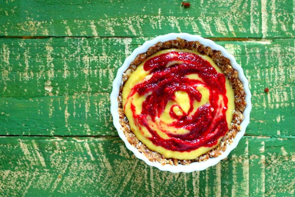 No Bake Mango Beet Cream Pie with Almond, Coconut, Rice cereal crust and Awards. Vegan Gluten-free Oil-free recipe