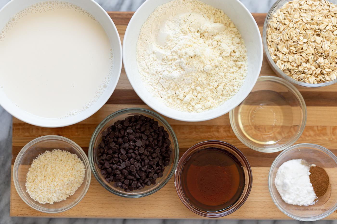 overhead shot of ingredients needed for making vegan chocolate chip waffles