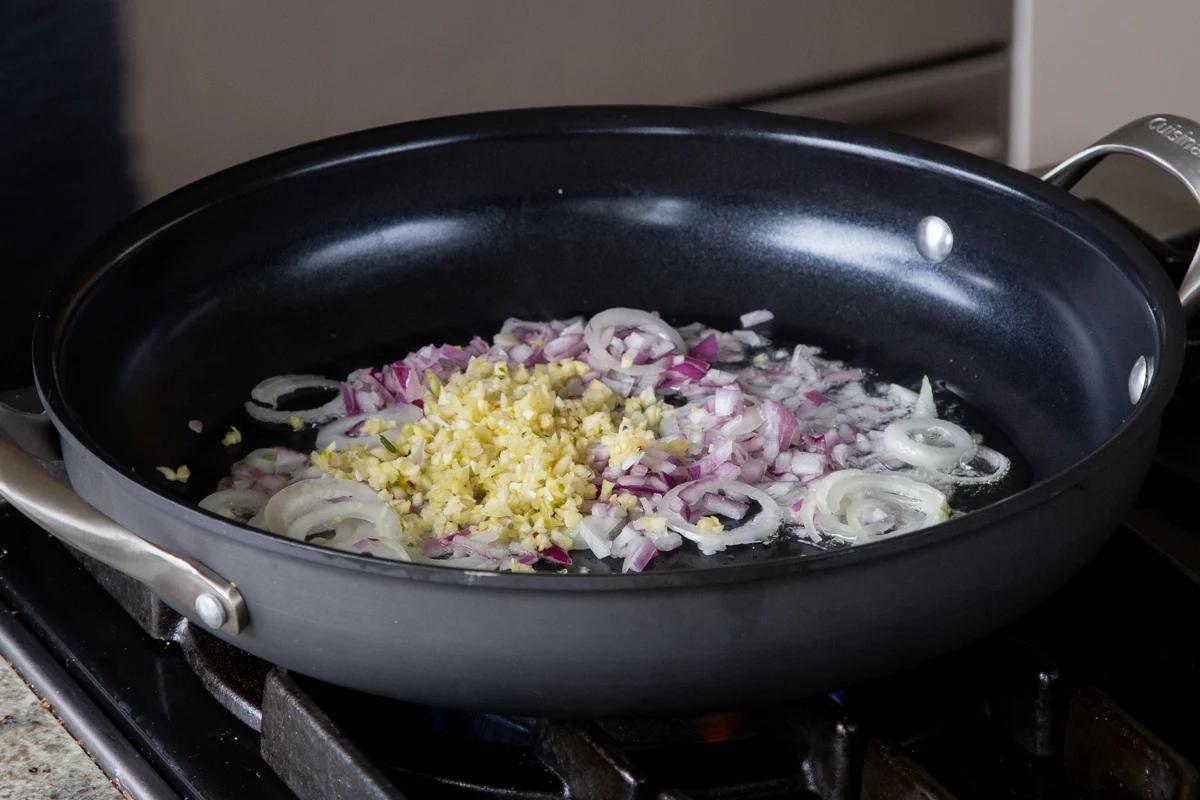 garlic and onions in the pan, before cooking
