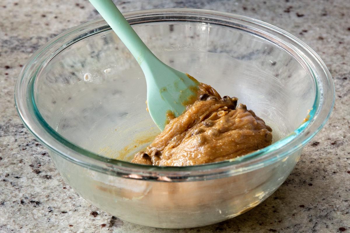 small batch peanut butter cookie dough after mixing in the chocolate chips