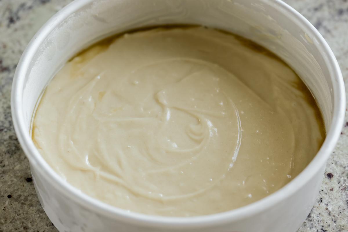 batter spread over the peaches